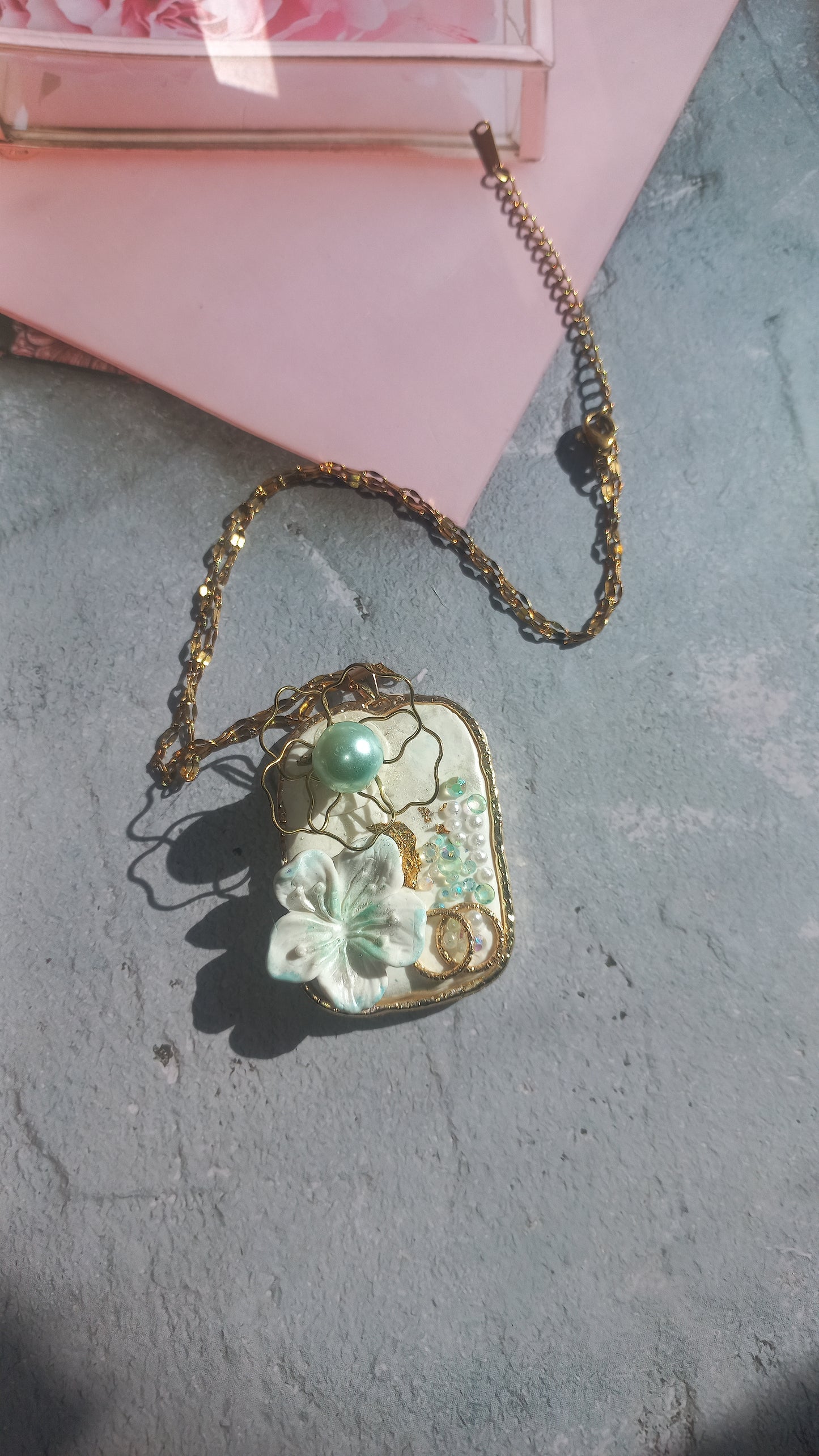 Pearl white polymer clay bridal flower pendant with chain