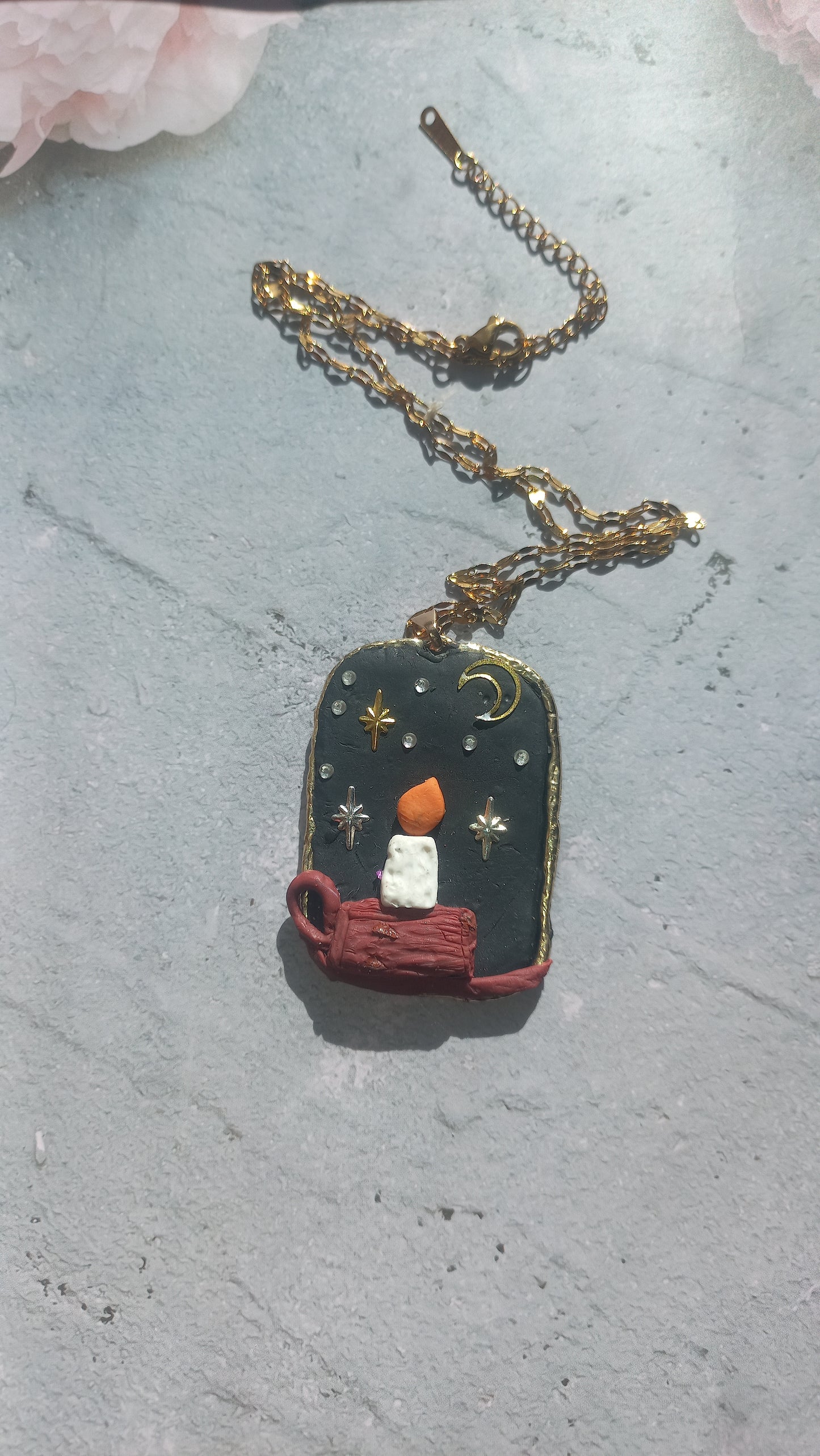 Midnight polymer clay candle in window pendant