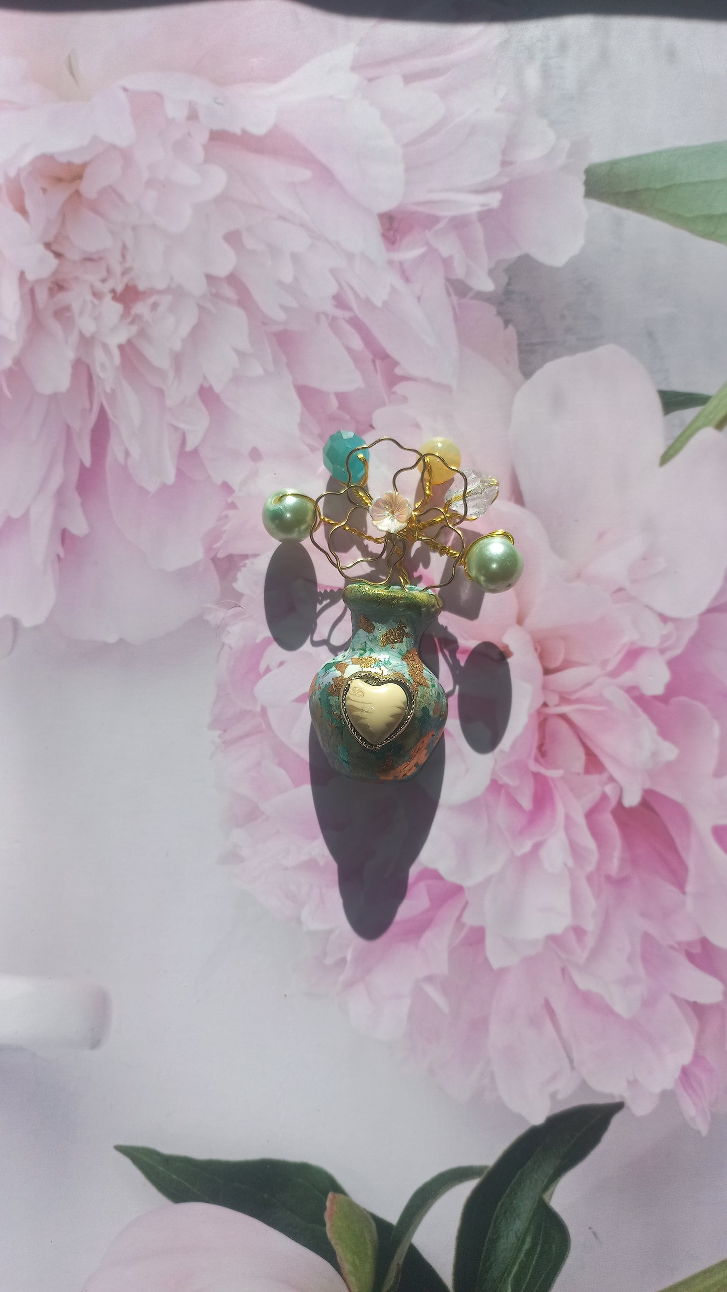 Sea green vase brooch with foil inlay