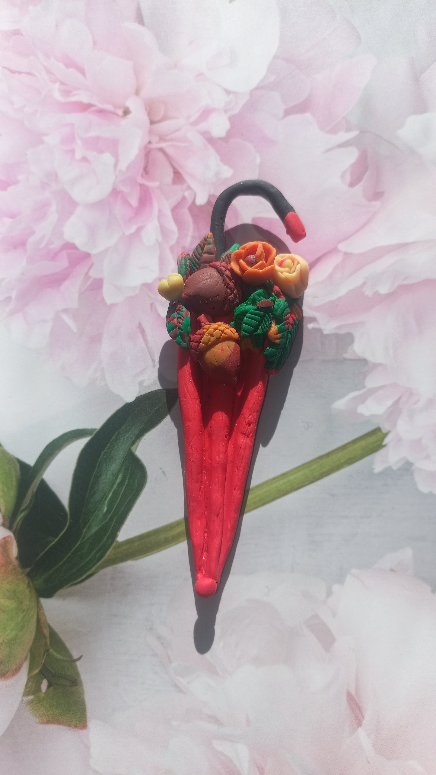 Red polymer clay closed umbrella brooch