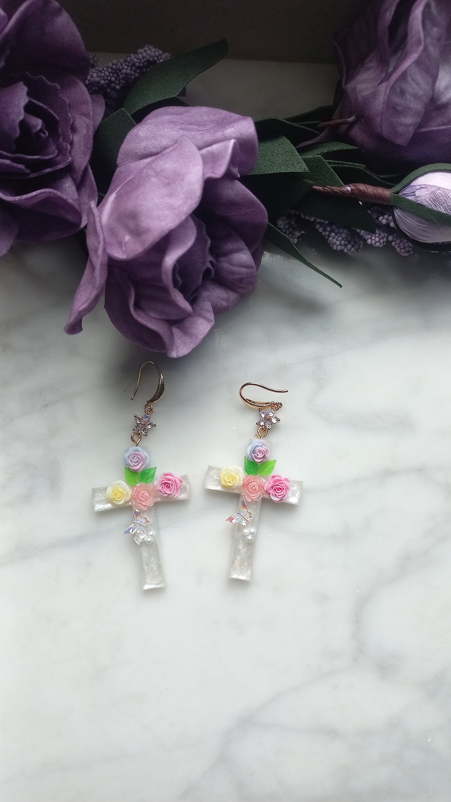 Floral Christian Cross Design Earrings