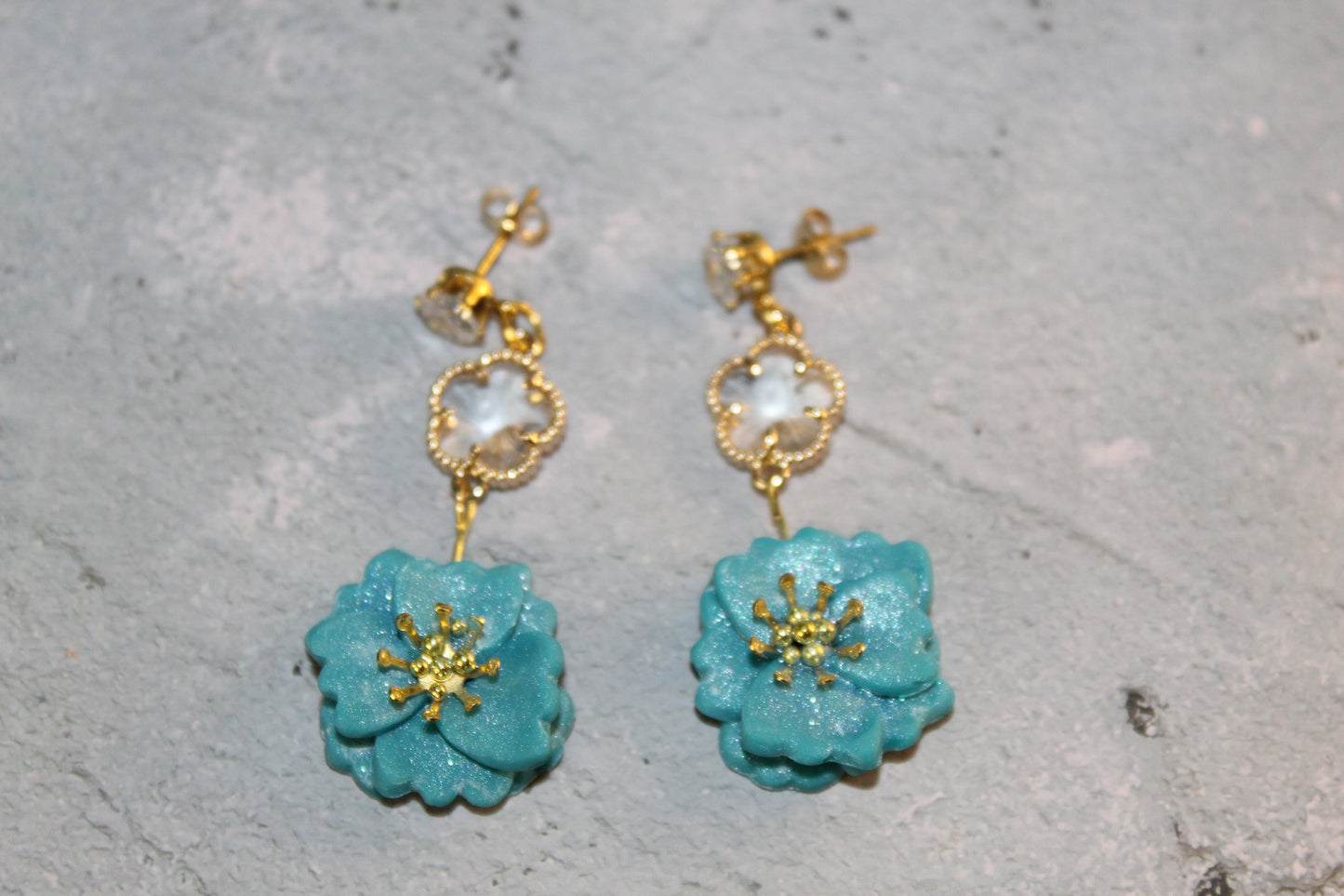 Teal, floral polymer clay earrings