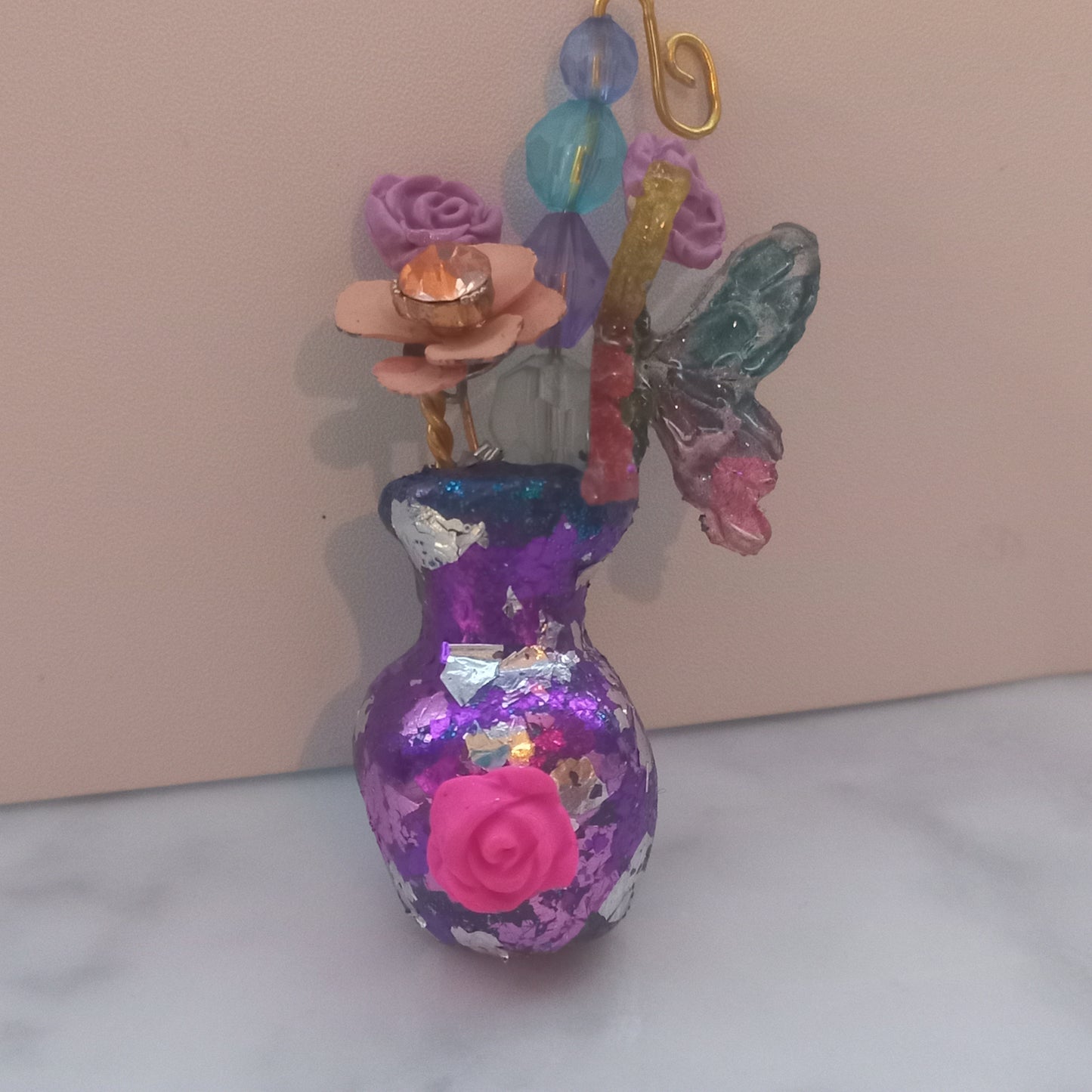Violet colour foil inlay vase brooch
