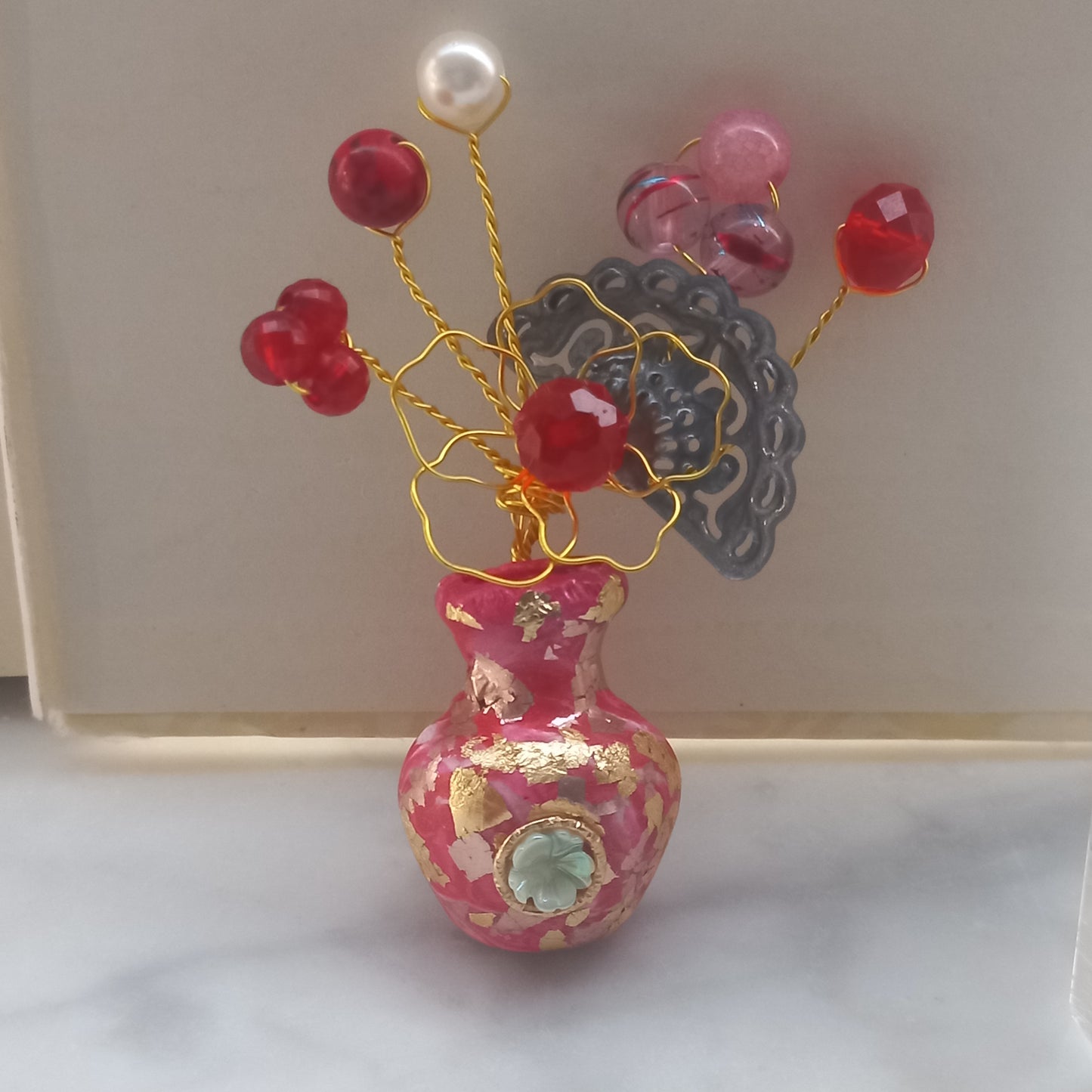 Red and gold foil vase brooch