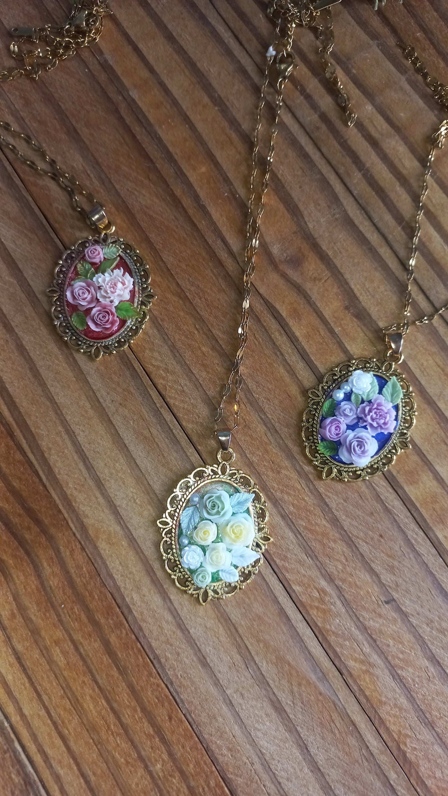 Hues of green and yellow flowers polymer clay resin pendant