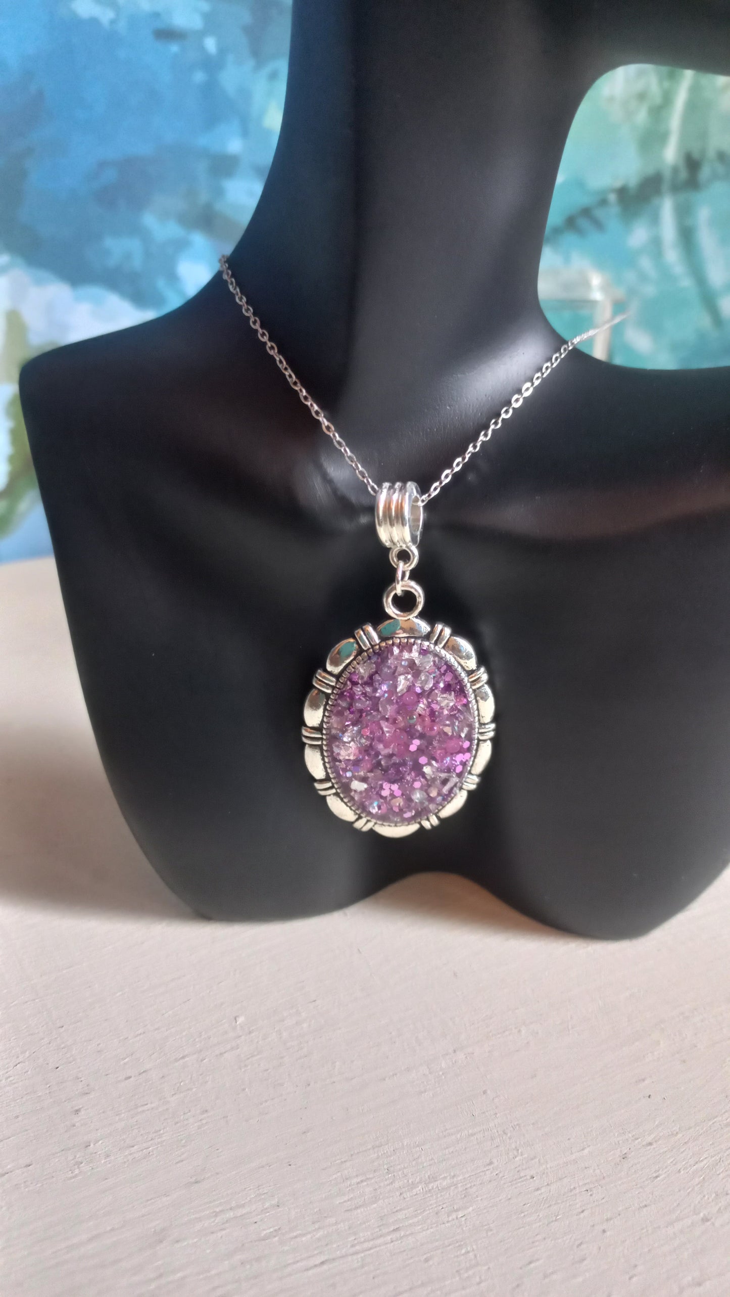 Purple coloured crushed glass in resin