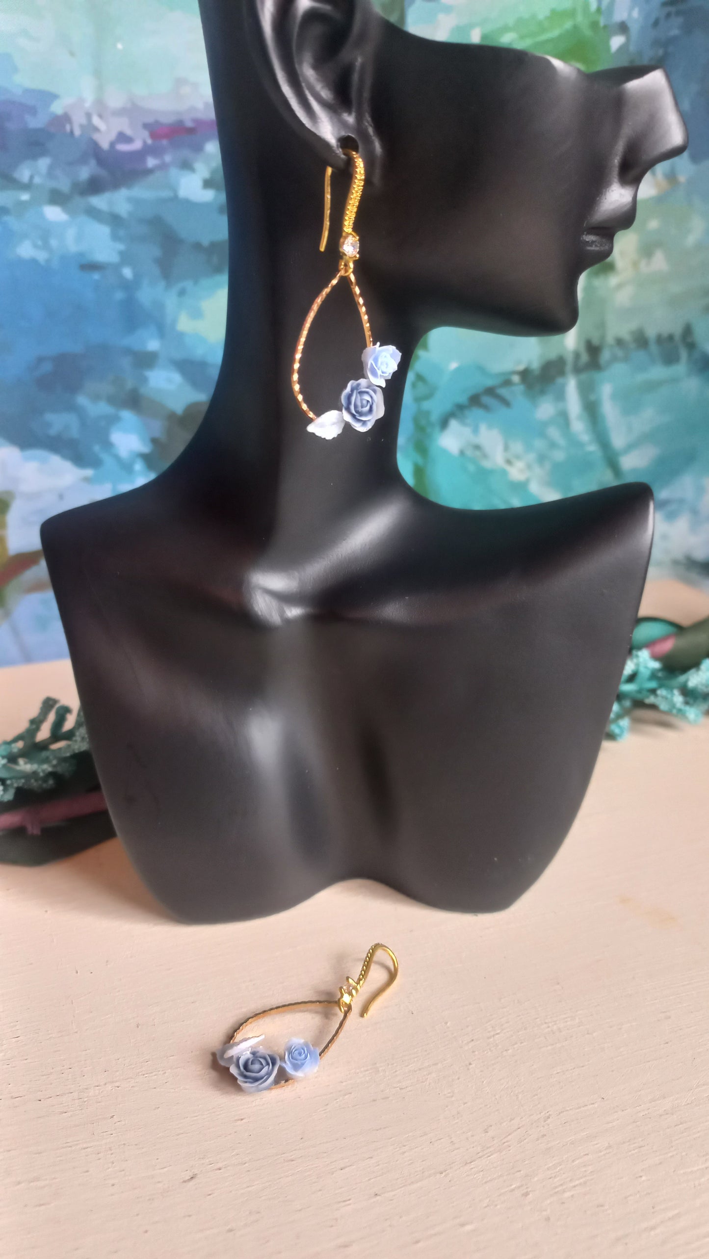 Demin blue polymer clay rose bouquet earrings