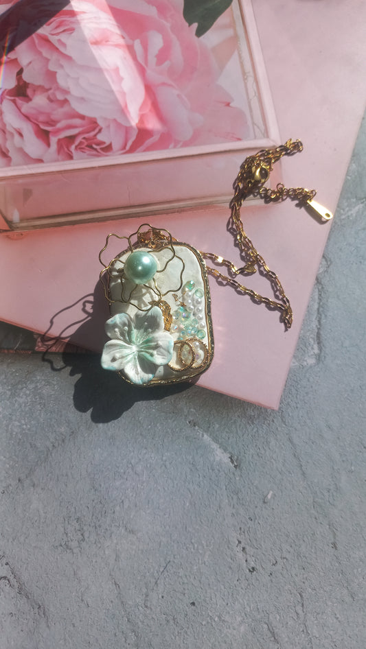 Pearl white polymer clay bridal flower pendant with chain