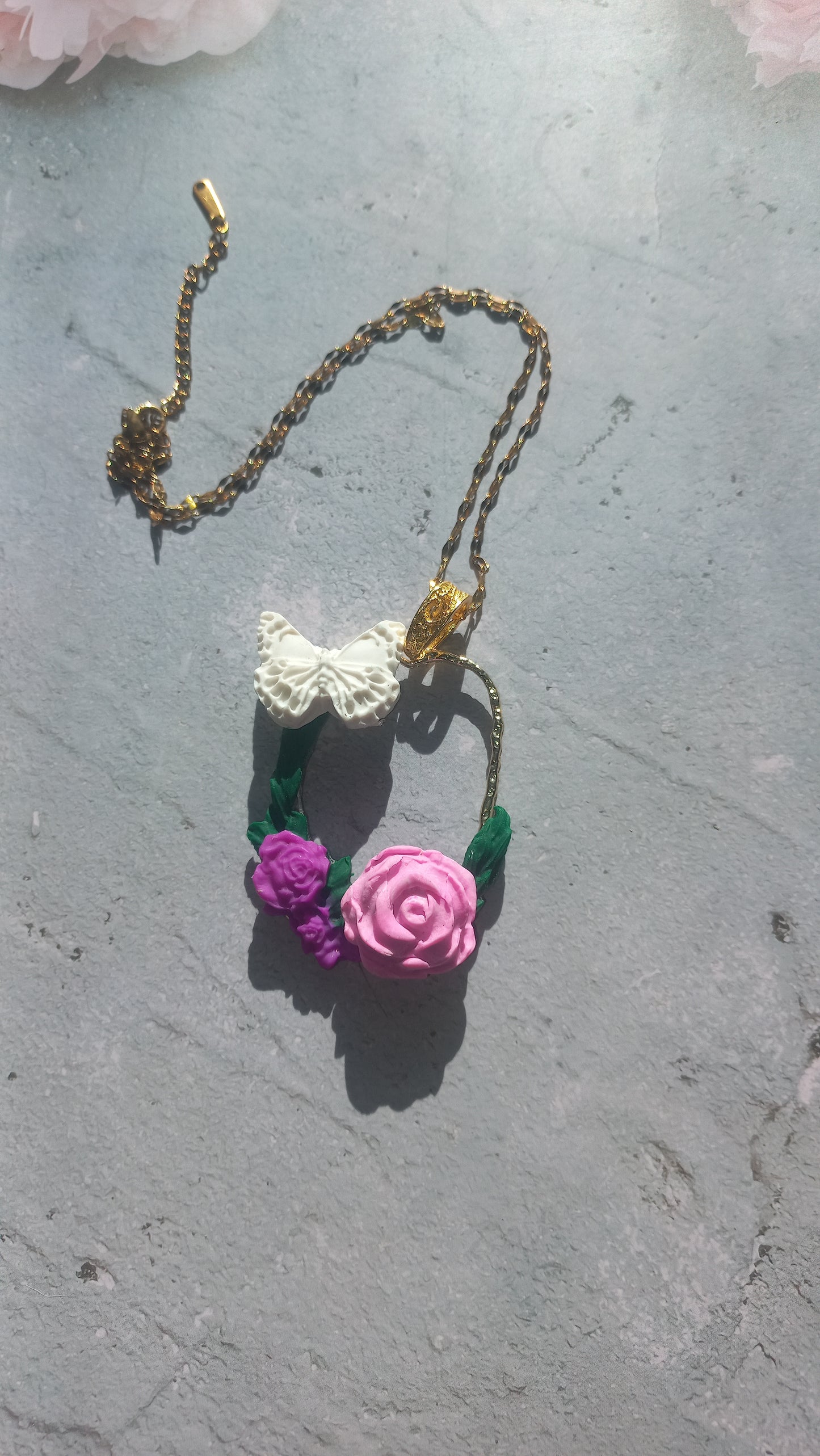 White butterfly with pink rose polymer clay pendant