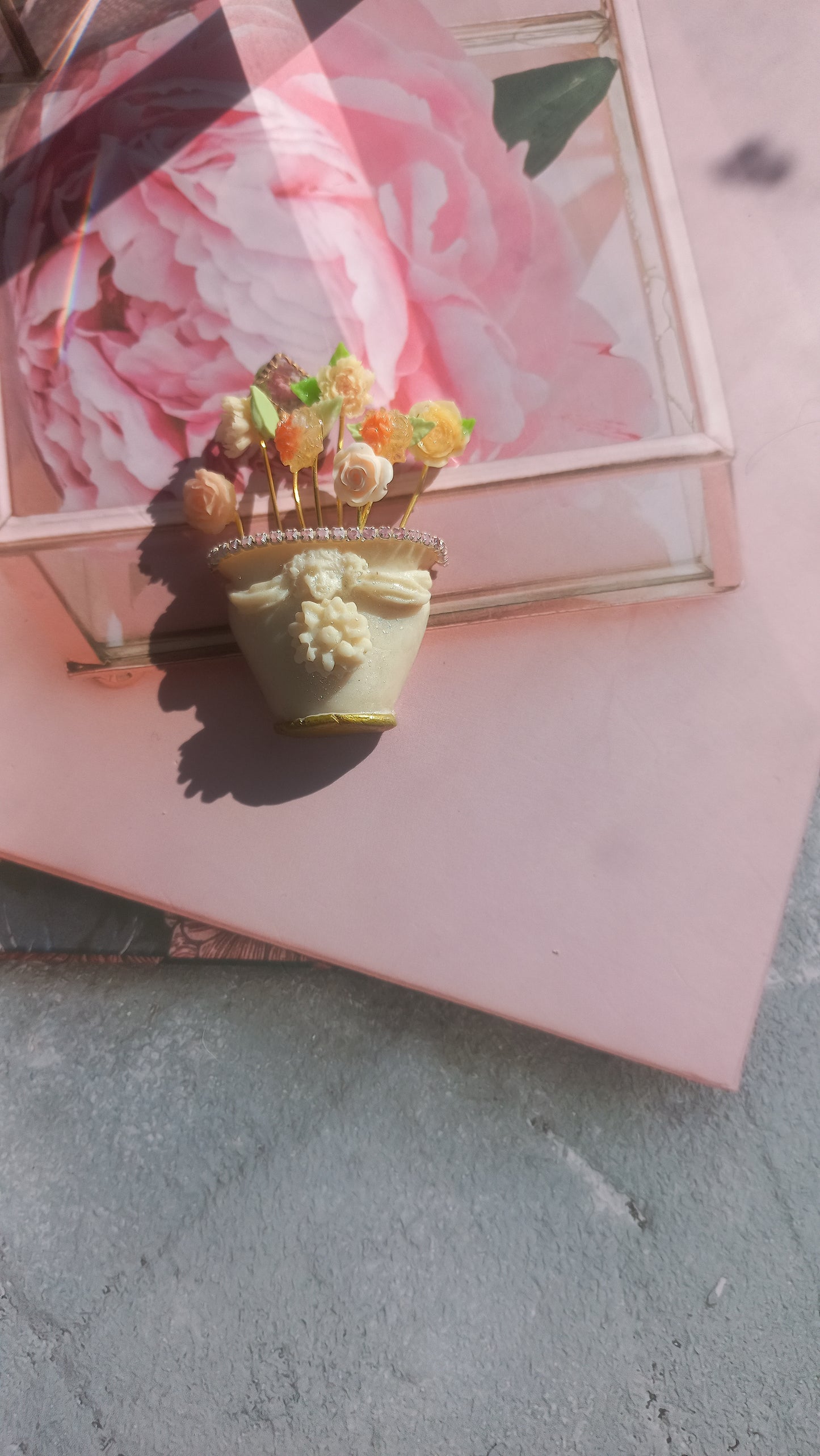 Beige cream colour garden flower pot brooch