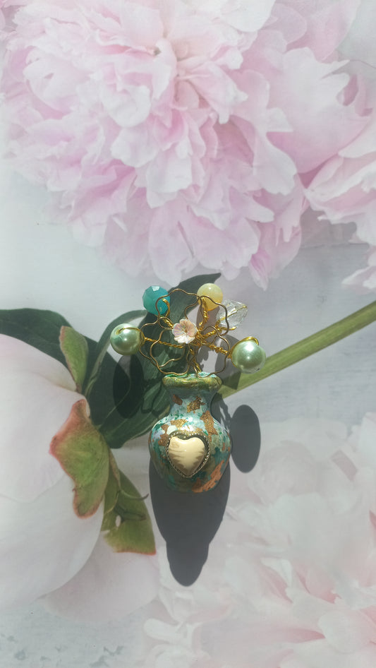 Sea green vase brooch with foil inlay