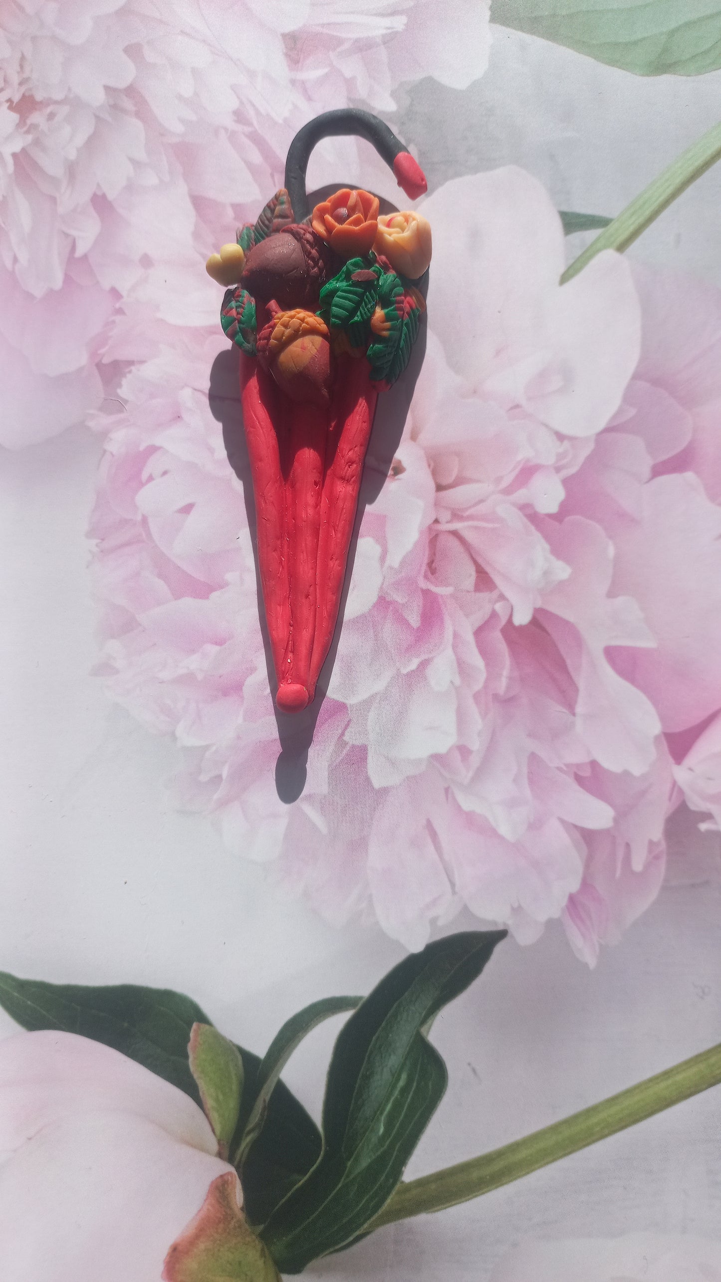 Red polymer clay closed umbrella brooch