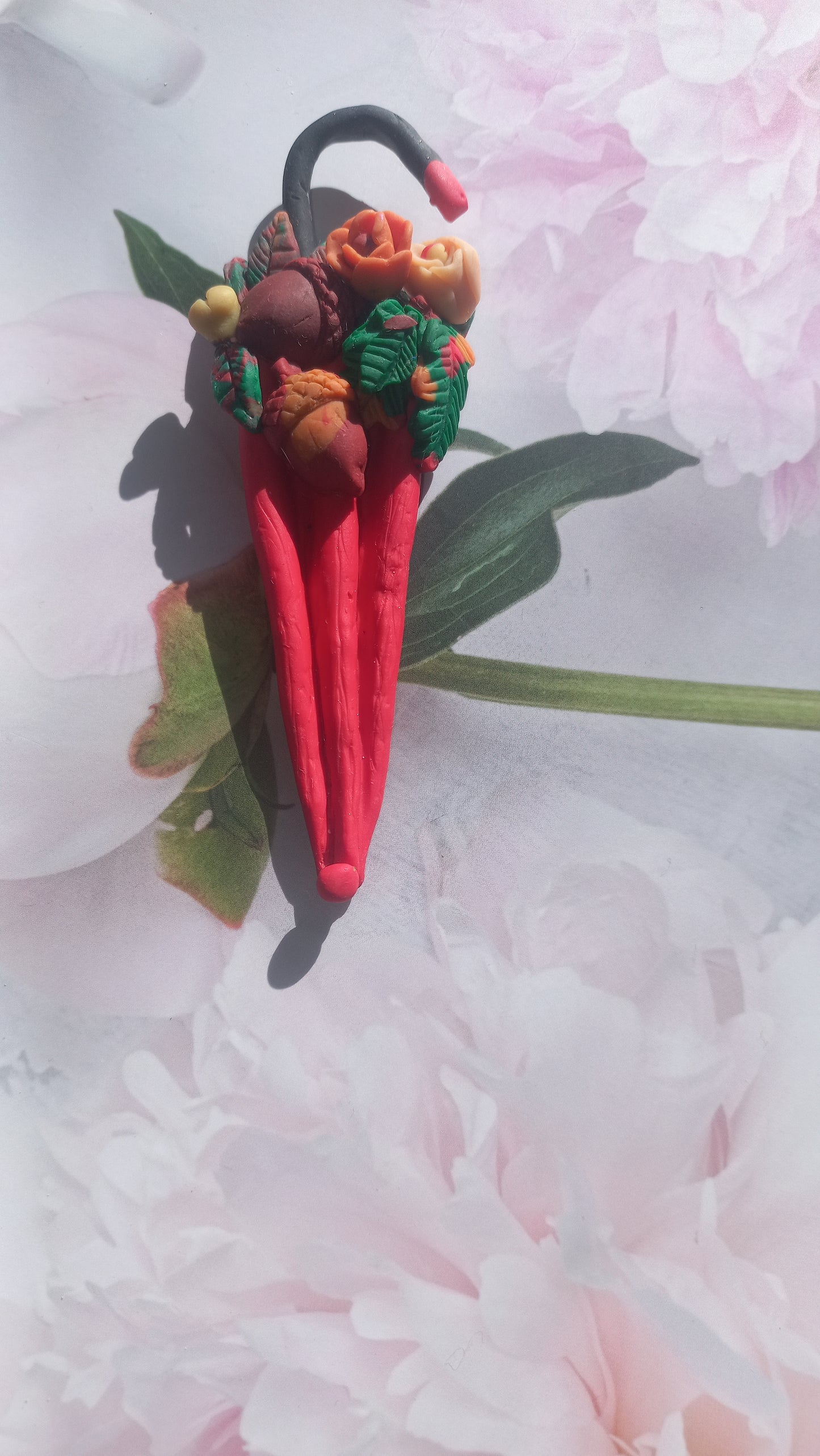 Red polymer clay closed umbrella brooch