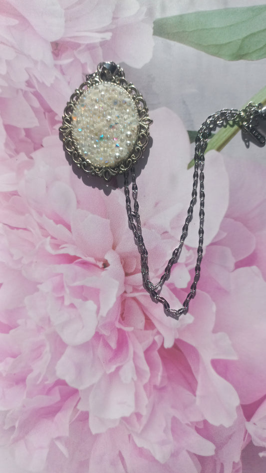 Vintage silver white polymer clay pendant with chain