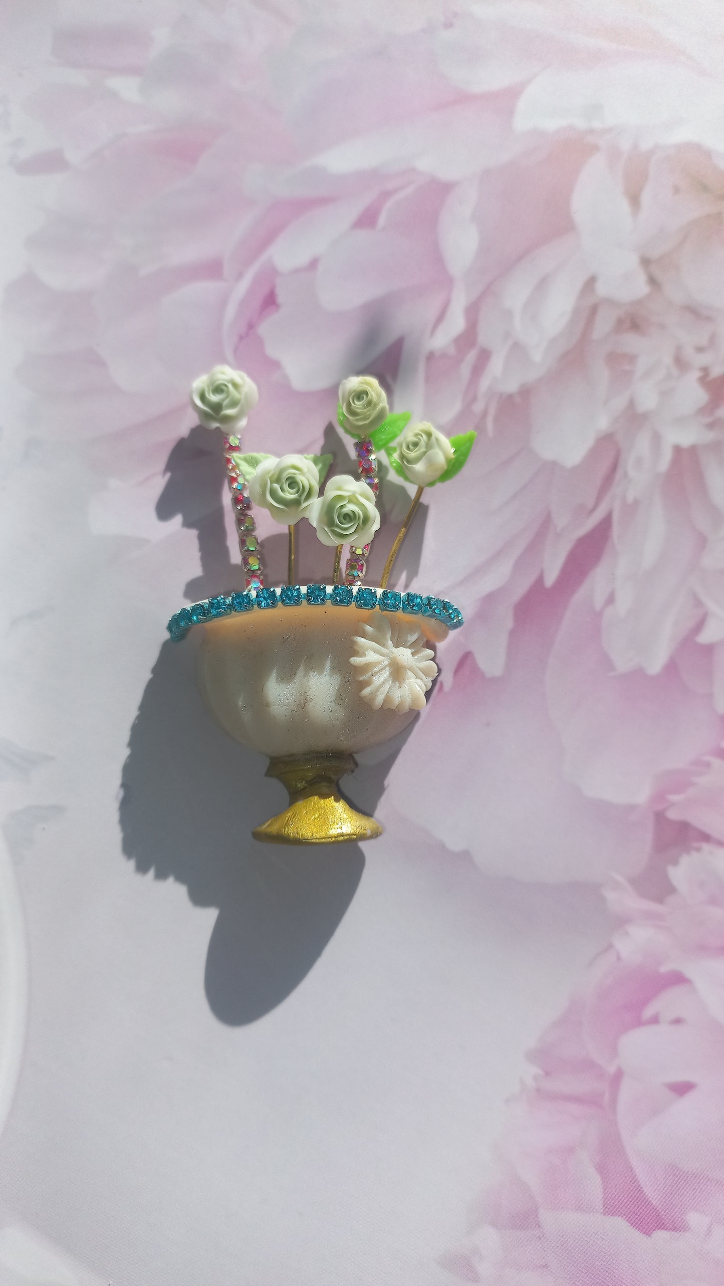 Cream and green rose flowerpot brooch