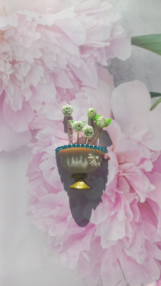 Cream and green rose flowerpot brooch