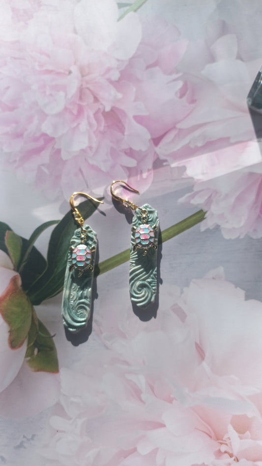 Olive green polymer clay earrings with pink and blue tortiose