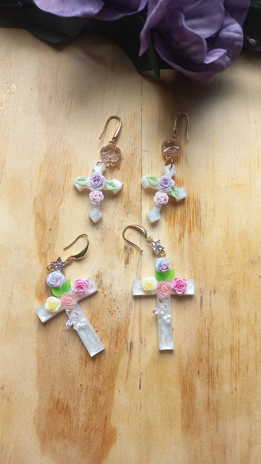 Floral Christian Cross Design Earrings