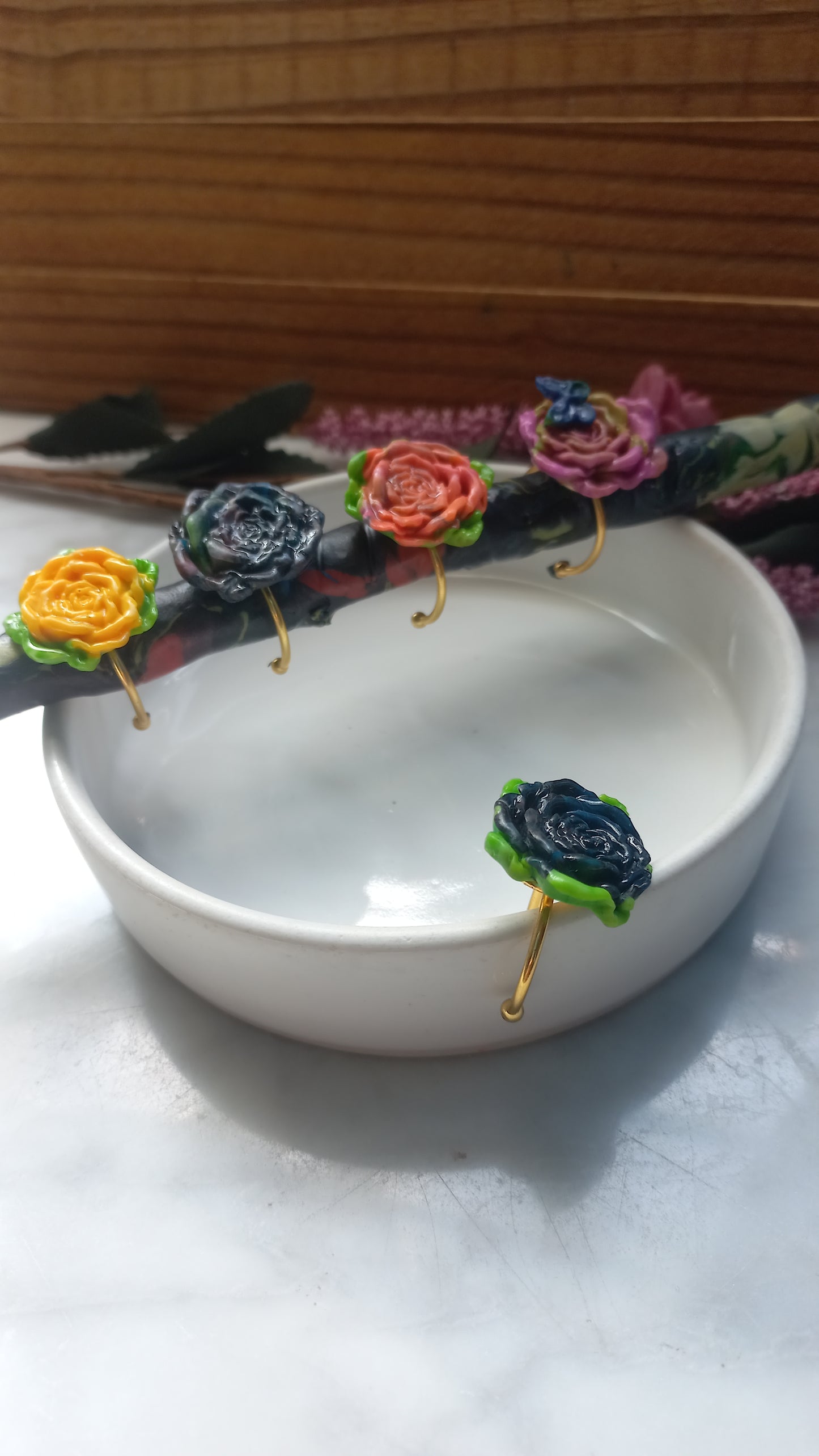 Polymer clay, Rose flower gold plated rings