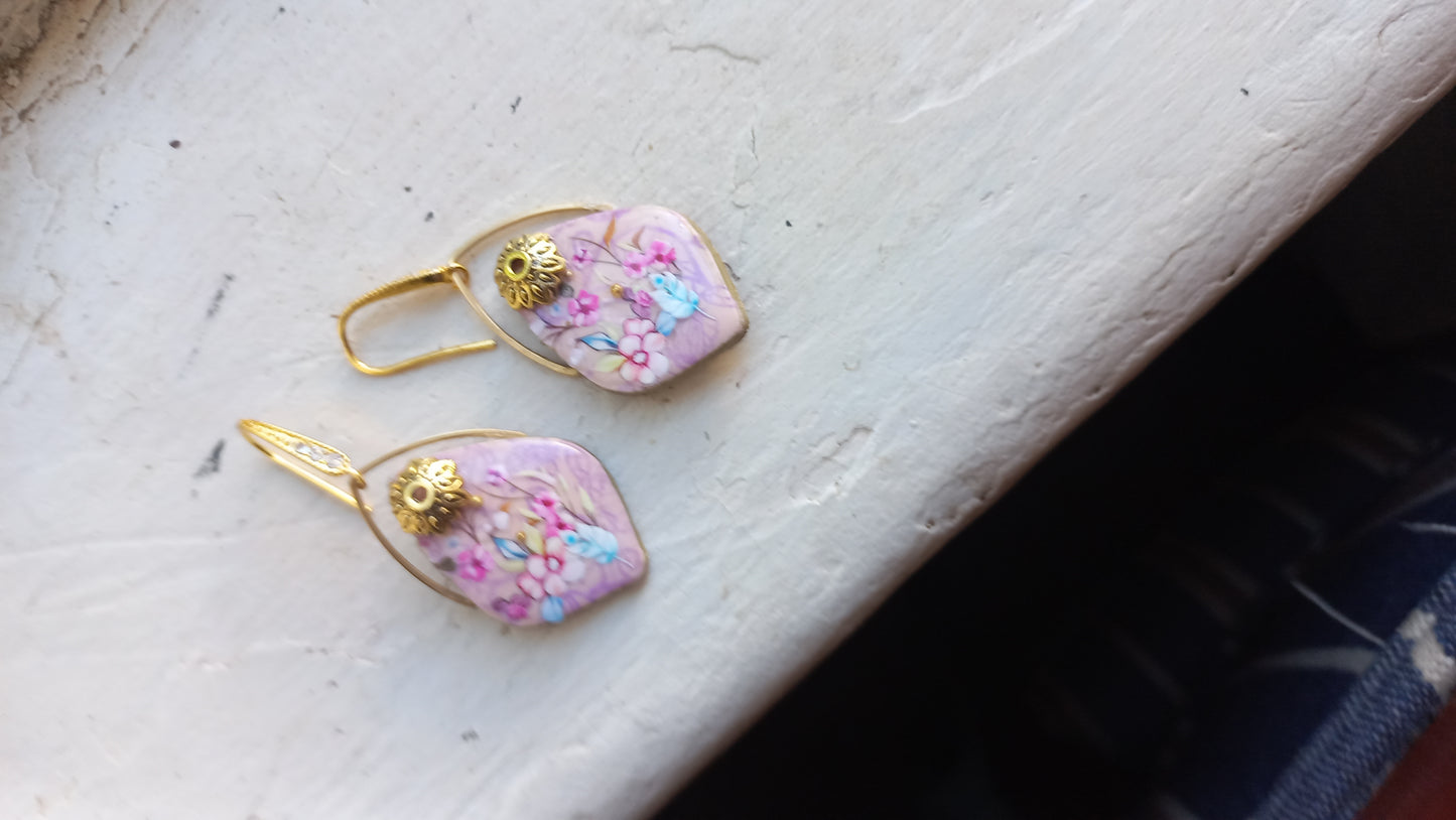 Polymer clay silkscreen floral bouquet earrings