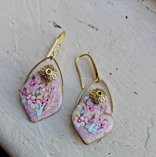 Polymer clay silkscreen floral bouquet earrings
