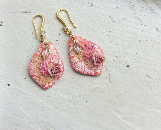 Salmon pink polymer clay ( Bridal earrings)