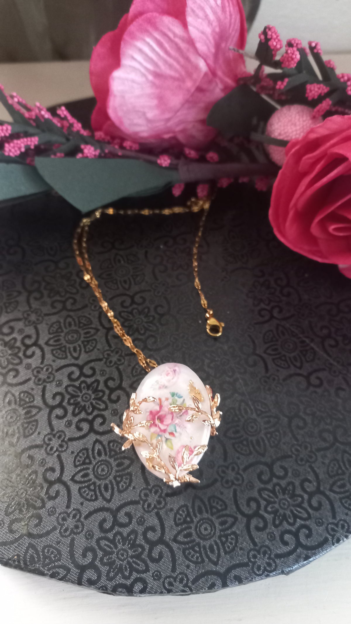 Floral rose resin pendant