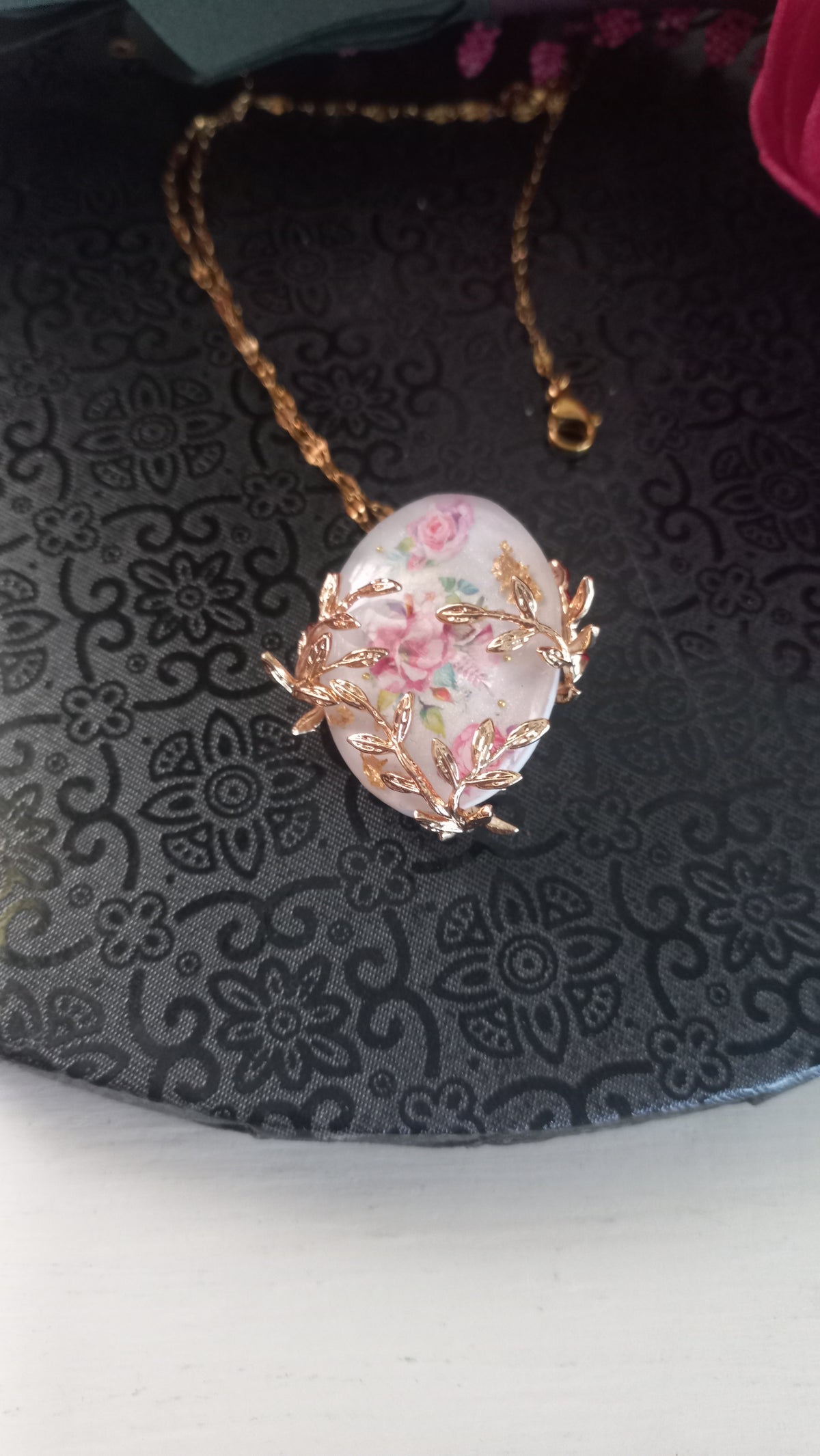 Floral rose resin pendant