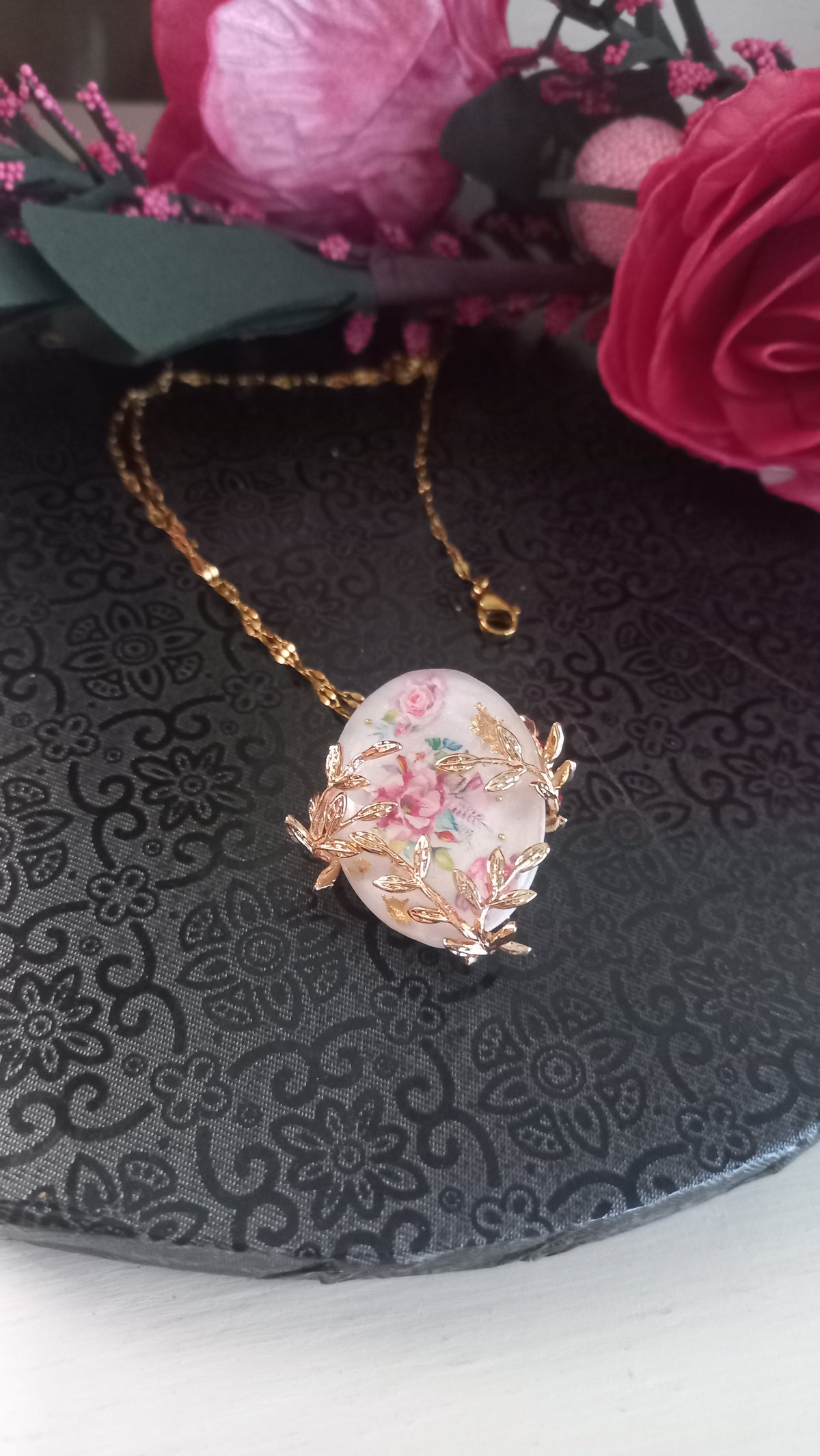 Floral rose resin pendant