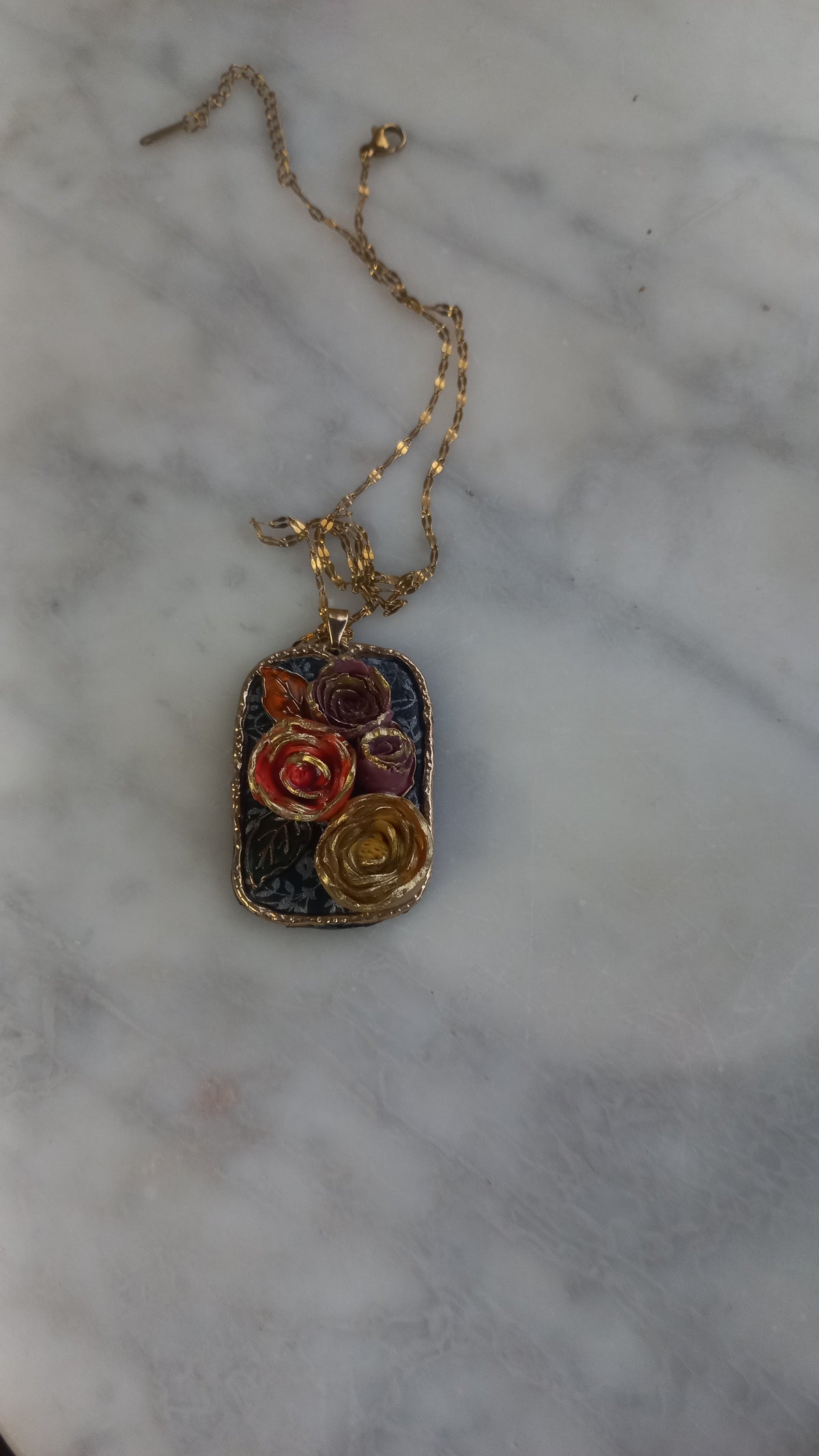 Polymer clay rose floral pendant