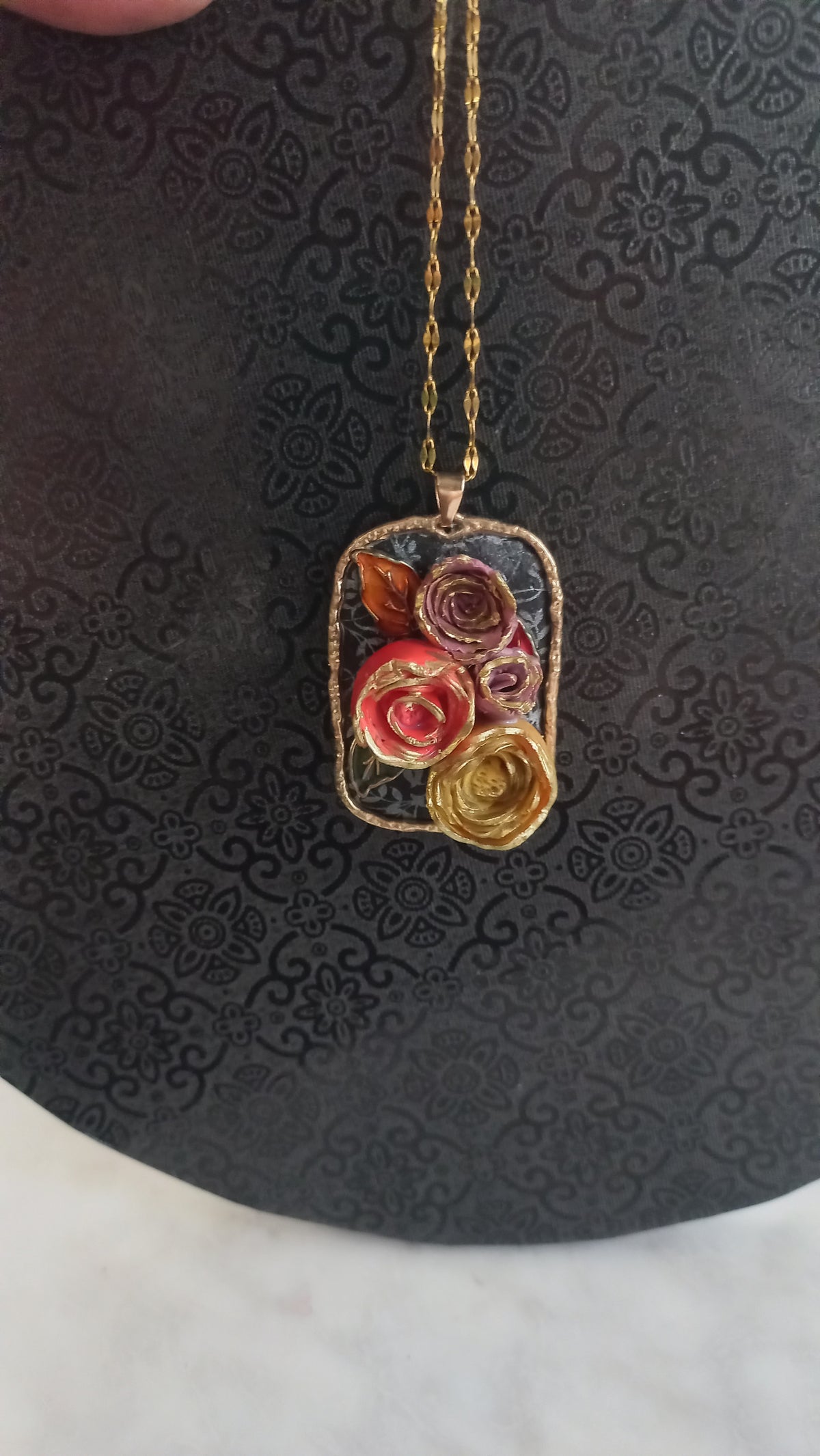 Polymer clay rose floral pendant