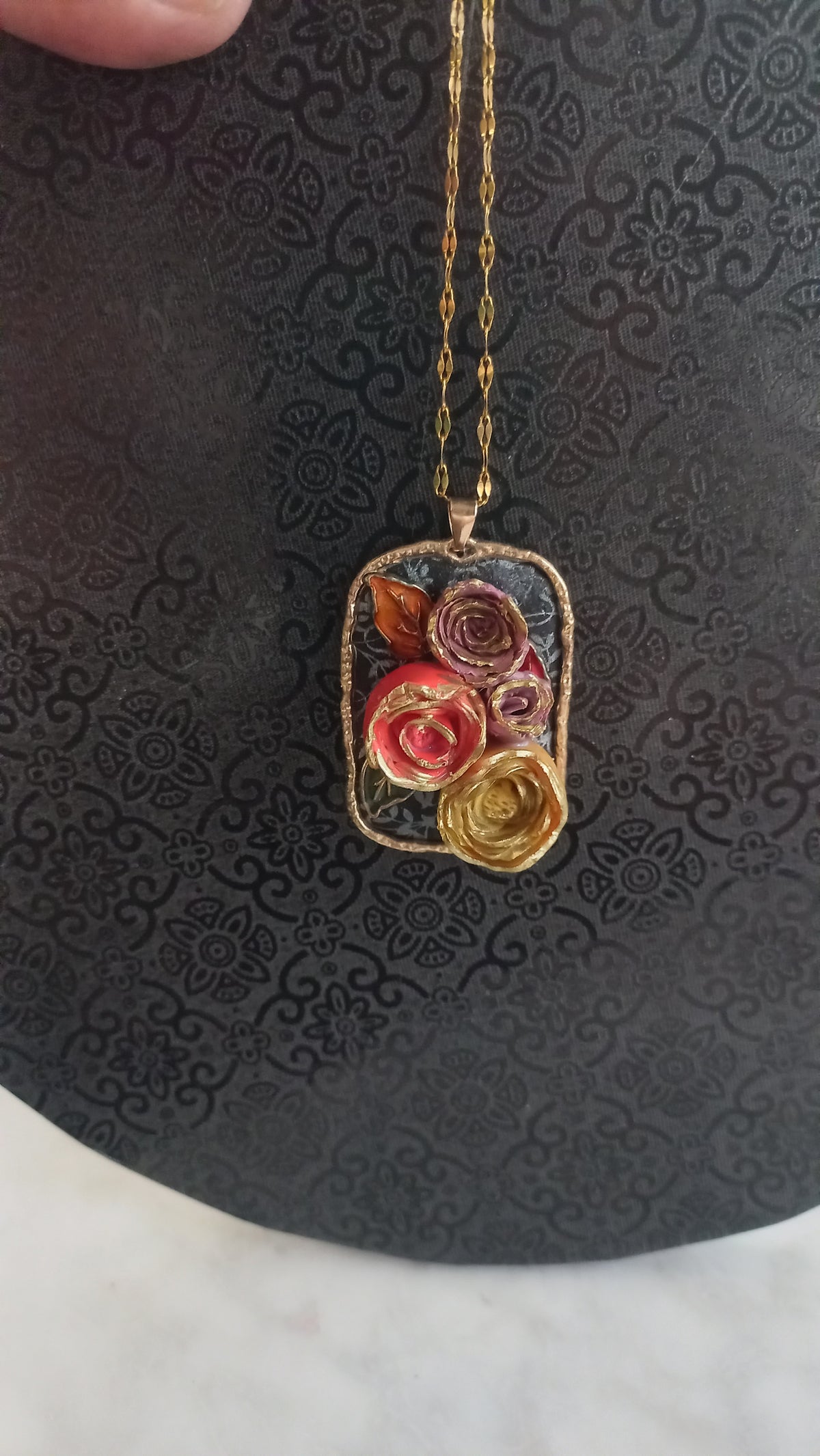 Polymer clay rose floral pendant