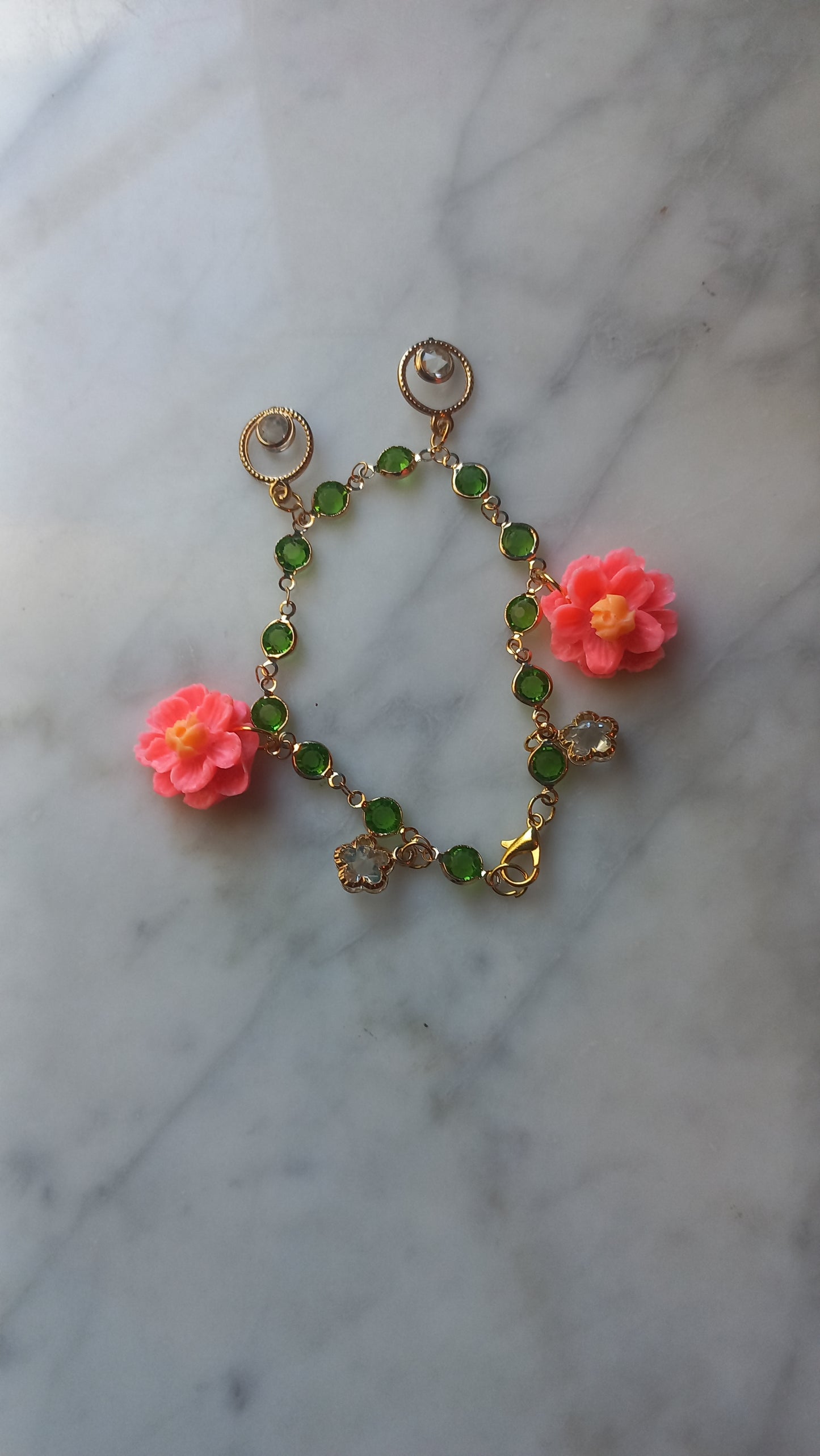 Pink & yellow polymer clay flower, charm bracelet