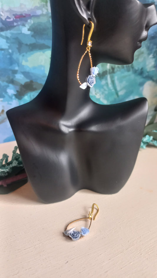 Demin blue polymer clay rose bouquet earrings