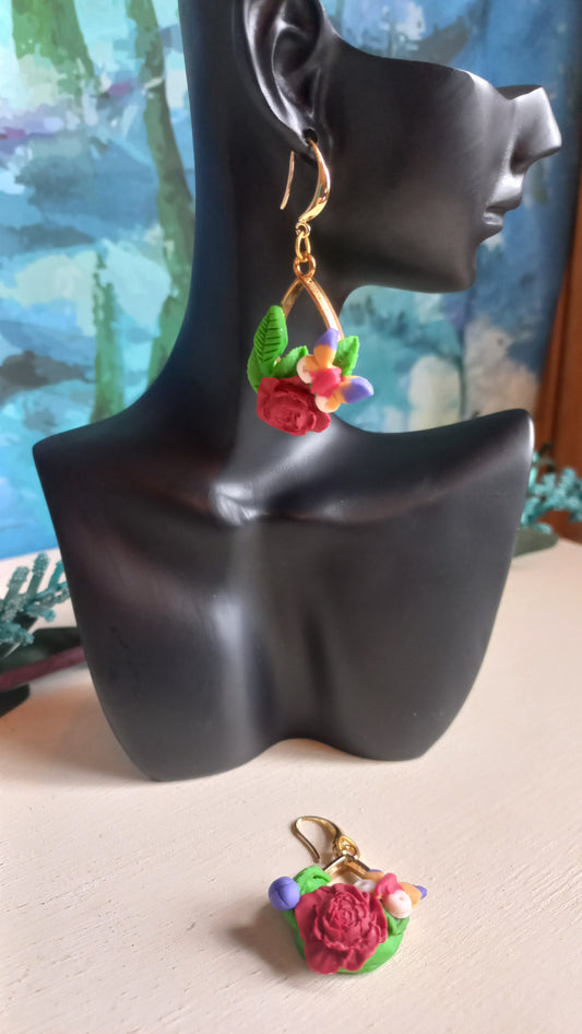 Red peonie flower with butterfly earring
