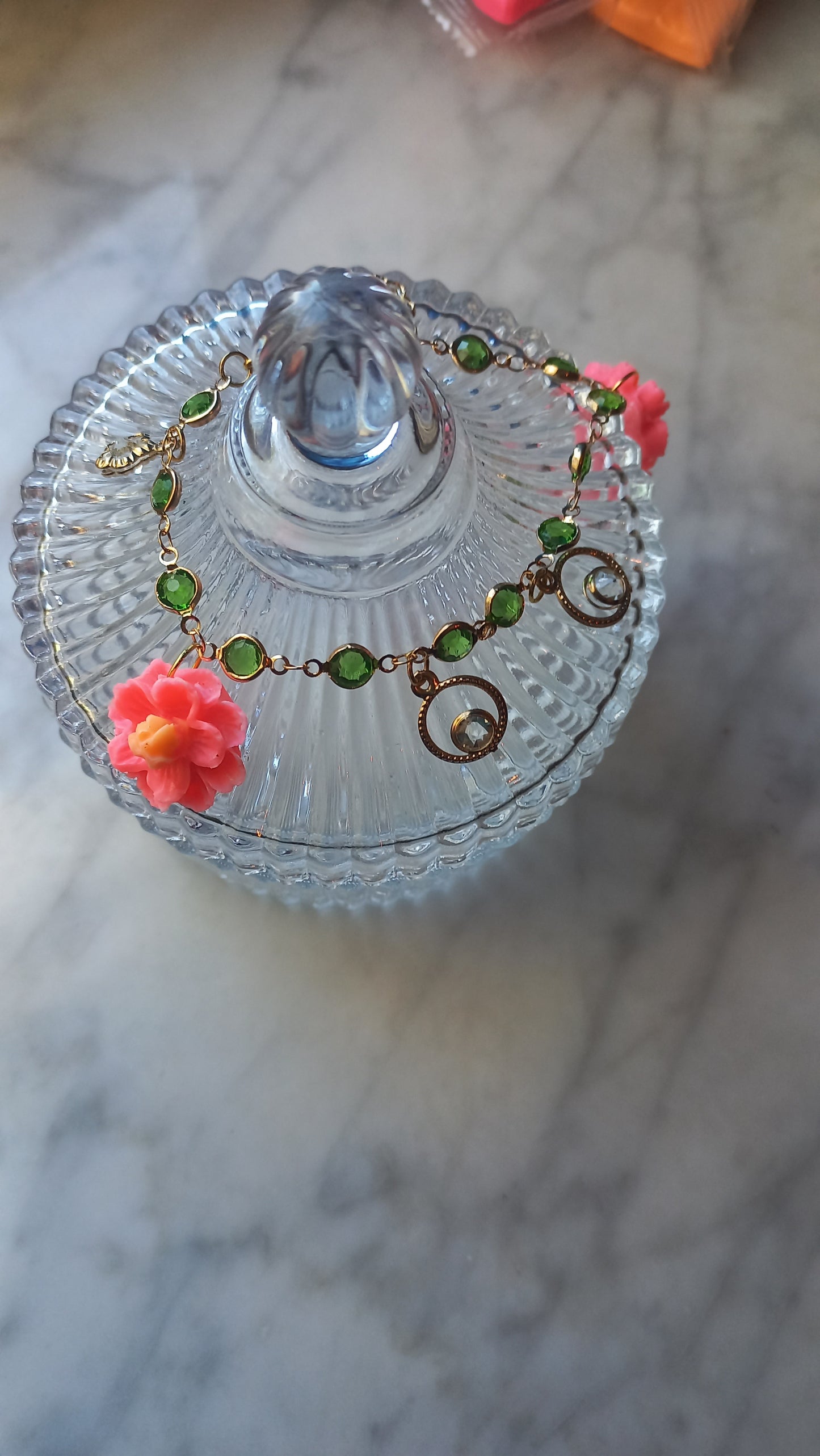 Pink & yellow polymer clay flower, charm bracelet