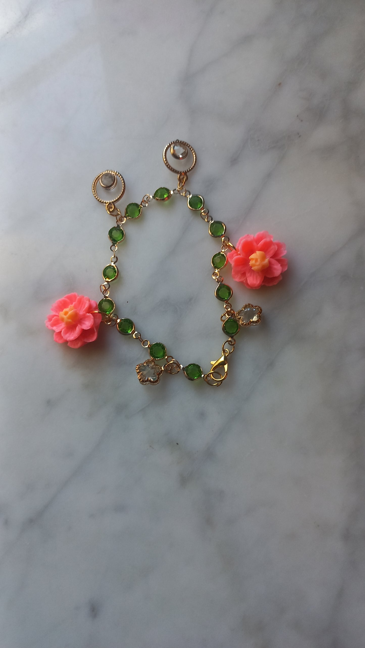 Pink & yellow polymer clay flower, charm bracelet