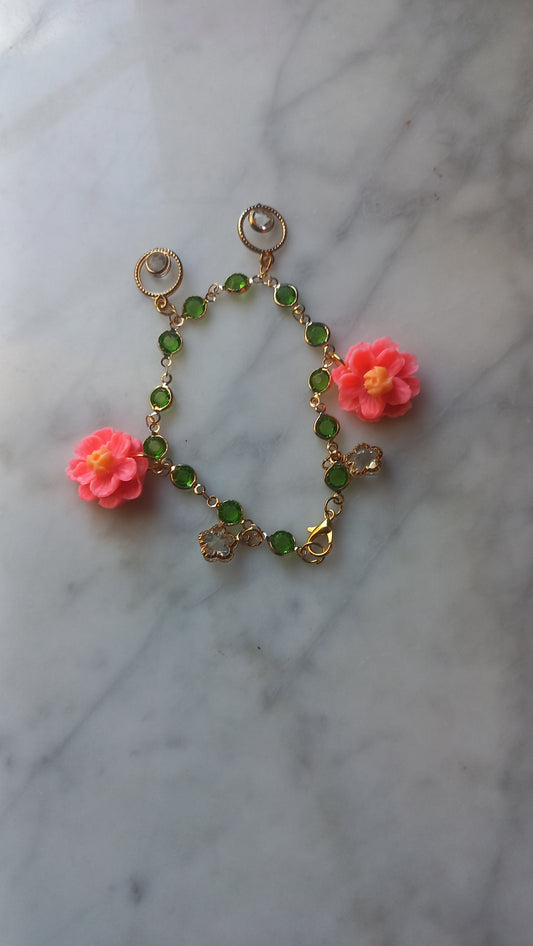 Pink & yellow polymer clay flower, charm bracelet