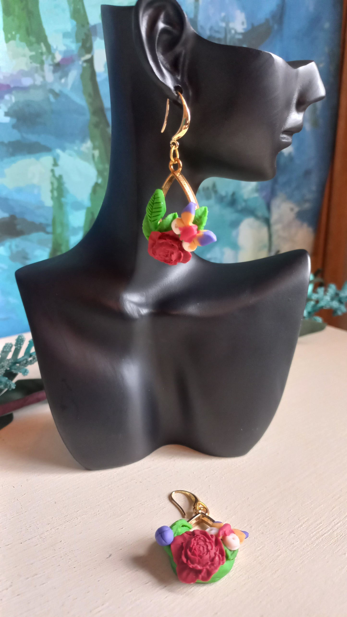 Red peonie flower with butterfly earring