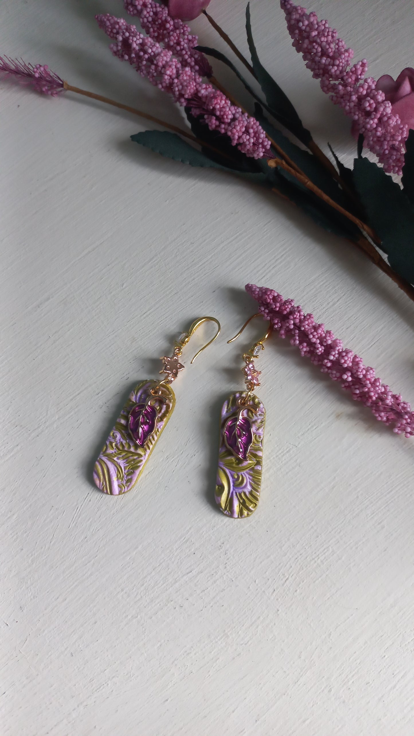Purple & gold polymer clay earrings
