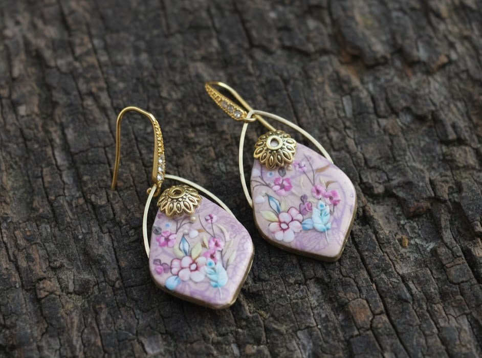 Polymer clay silkscreen floral bouquet earrings