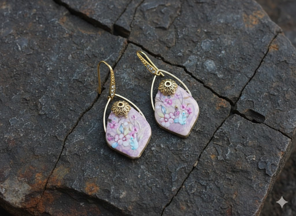 Polymer clay silkscreen floral bouquet earrings